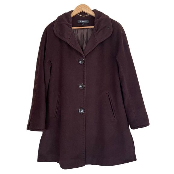 Ellen Tracy Mid Length Bordeaux Burgundy Wool Blend Pea Coat Women Jacket (Sz10) - Picture 2 of 12